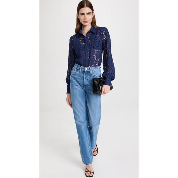 Generation Love Navy Jada Lace Blouse Button Down Top Size Small - Picture 14 of 14